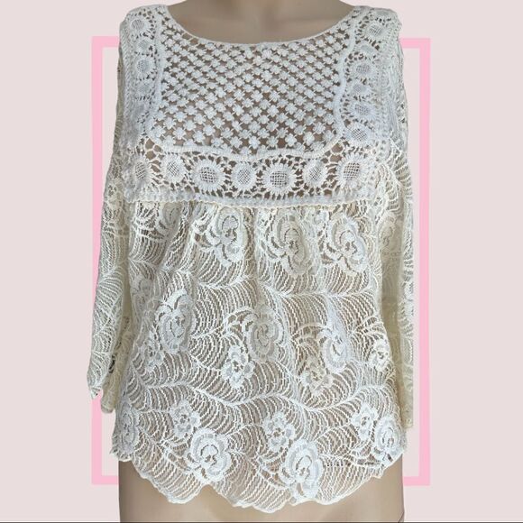 Blu Planet - Ruffled sleeves Sheer Floral Embroidered Lace Cream top size S - Picture 2 of 9